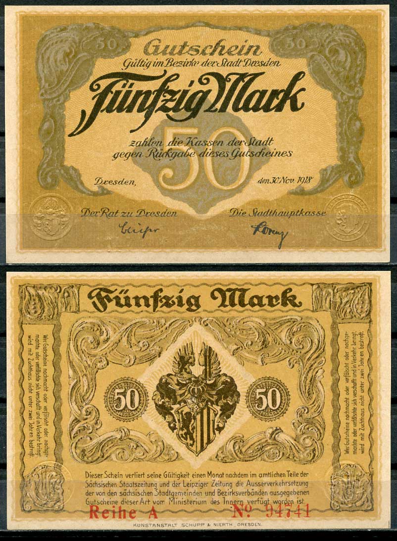 Германия, Дрезден 50 марок 1918 нотгельд, 30.11.1918, reihe A Geiger 108.06  бумага  UNC (пресс) 00-00