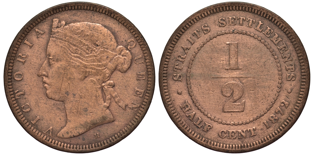 Стрейтс-Сетлментс 1/2 цента 1872 Н Виктория (1837-1901), монетный тип KM 8 медь 1523-332