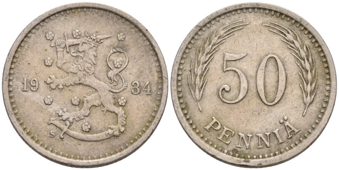 ФИНЛЯНДИЯ 50 ПЕННИ 1934 S KM 26 медно-никель 192-1115