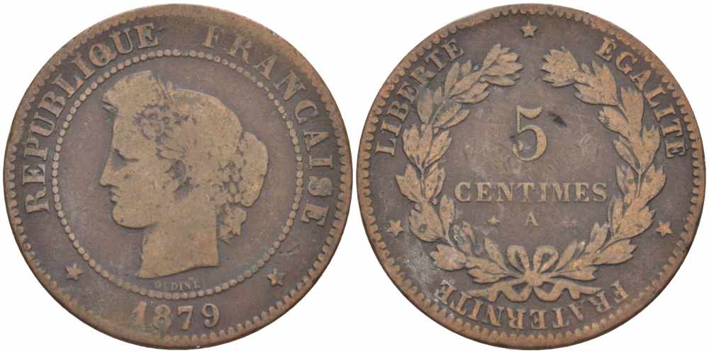 ФРАНЦИЯ 5 САНТИМОВ 1879 A, ТРЕТЬЯ РЕСПУБЛИКА (1871-1940) KM 821.1, LE FRANC 118.21 бронза 108-725