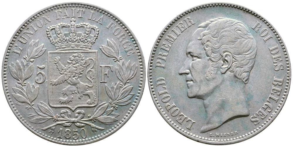 Бельгия 5 франков 1850 Леопольд I (1831-1865) KM 17 серебро 00-1067-9-51