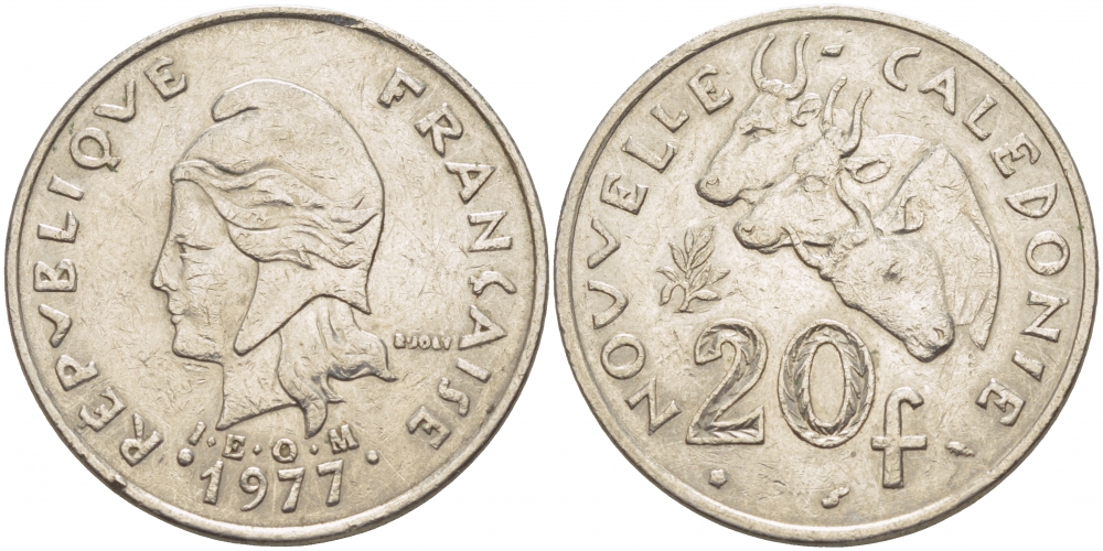 Французская Новая Каледония 20 франков 1977 коровы KM 12 никель 3457-514