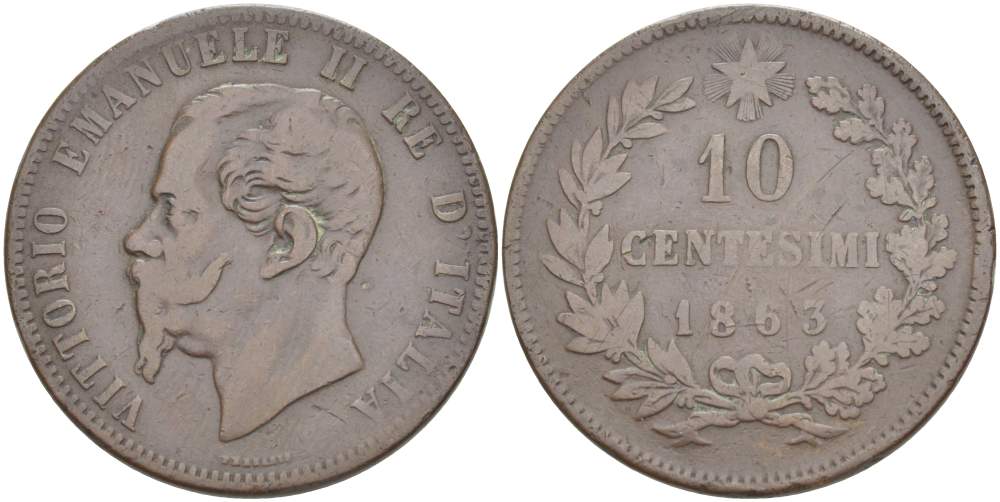 ИТАЛИЯ 10 ЧЕНТЕЗИМО 1863 МОНДВОР ПАРИЖ, ВИКТОР ЭММАНУИЛ II (1861-1878) KM 11.2 медь 4526-721