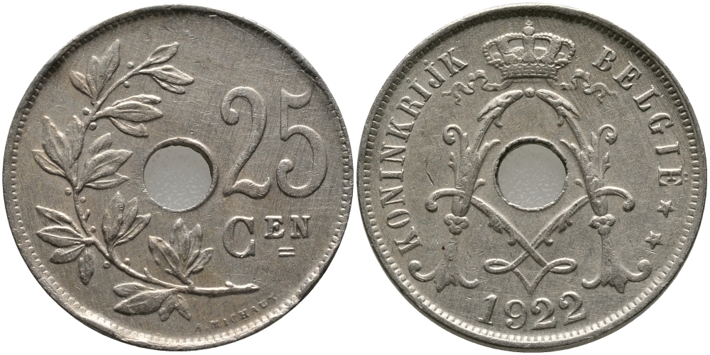 БЕЛЬГИЯ 25 САНТИМОВ 1922 BELGIE KM 69 медно-никель 93-534