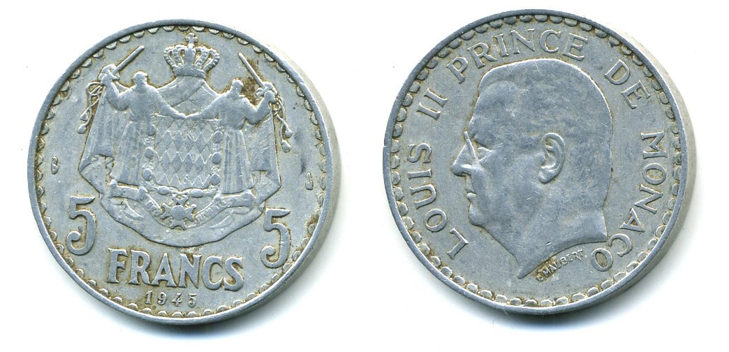 Монако 5 франков 1945 Луи II (1922-1949) KM 122 алюминий 37-711