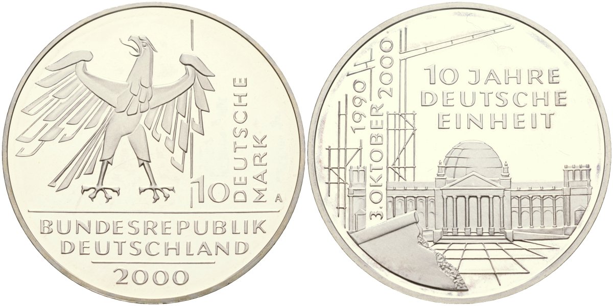 ФРГ 10 марок 2000 D, 10 лет немецкого единства KM 201 серебро PROOF 04-137-21