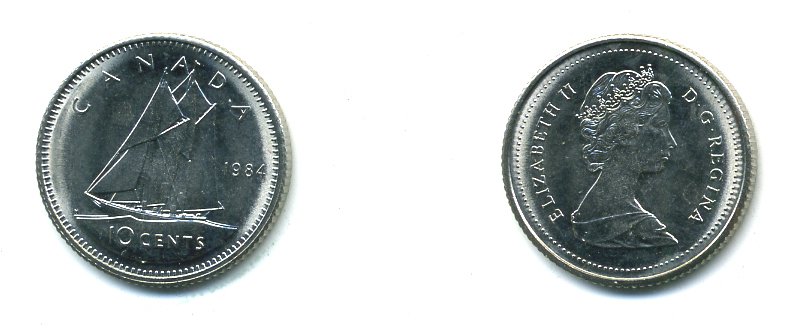 КАНАДА 10 ЦЕНТОВ 1984 ПАРУСНИК KM 77.2 никель UNC 540-732