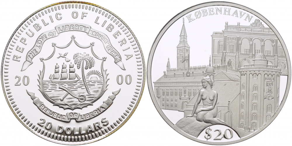 Либерия 20 долларов 2000 серия памятники архитектуры, Копенгаген серебро PROOF 06-282-12