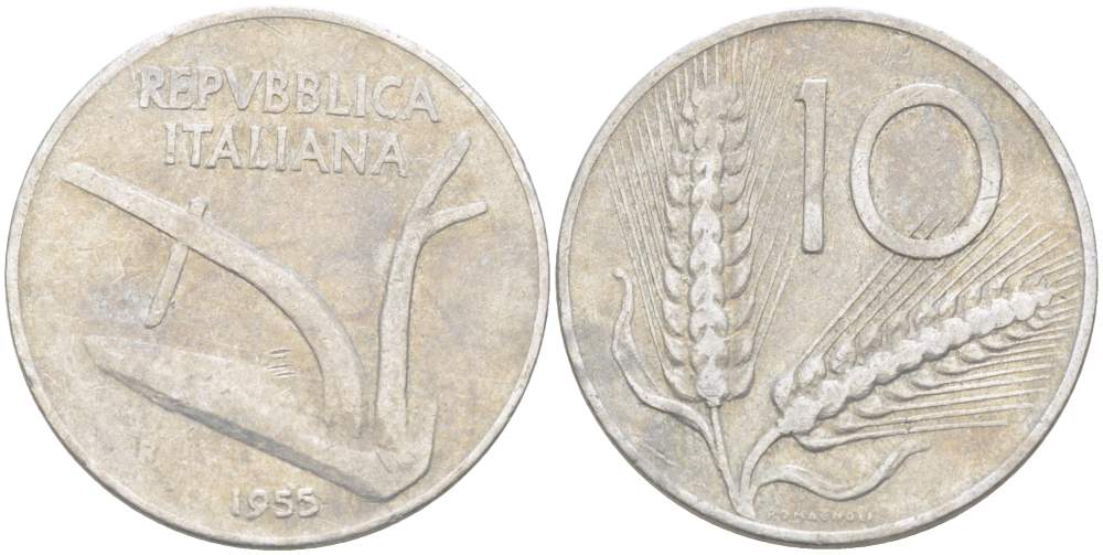 Италия 10 лир 1953 R, плуг, колосья KM 93 алюминий 4523-642