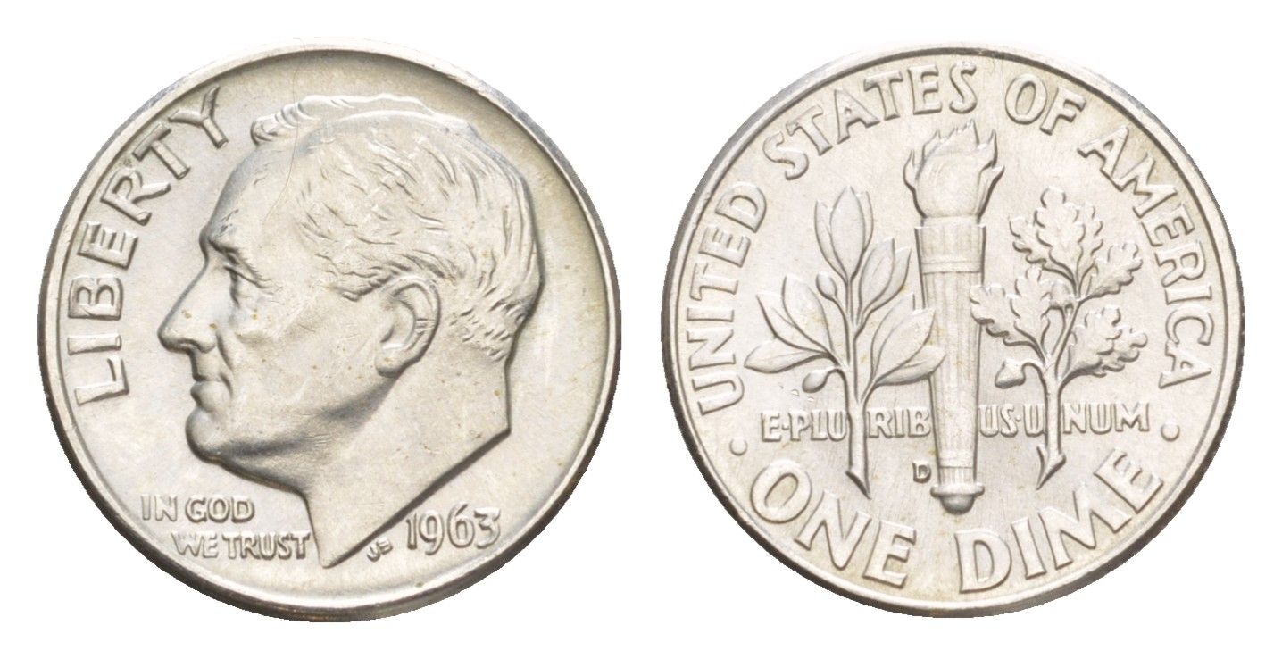 США 1 дайм (10 центов) 1963 D KM 195 серебро aUNC 4639-233