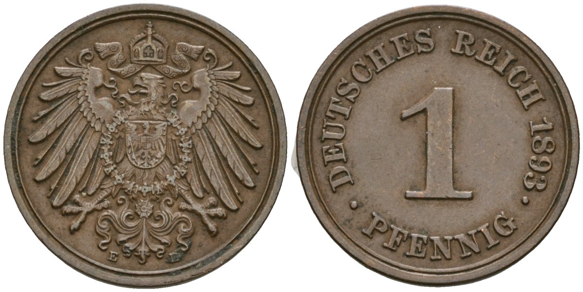 Германия 1 пфенниг 1893 E, Вильгельм II (1888-1918) KM 10, J. 10 медь 1524-541