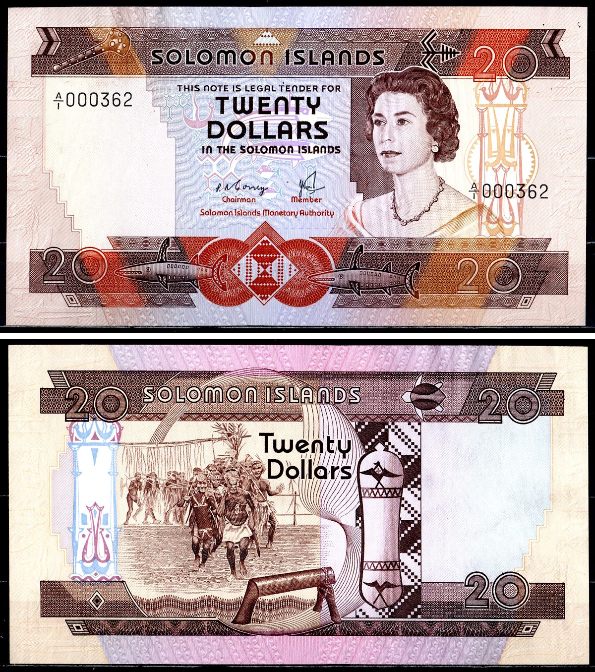 Соломоновы острова 20 долларов ND (1981) Pick 8 e бумага UNC (пресс) 451-706-1