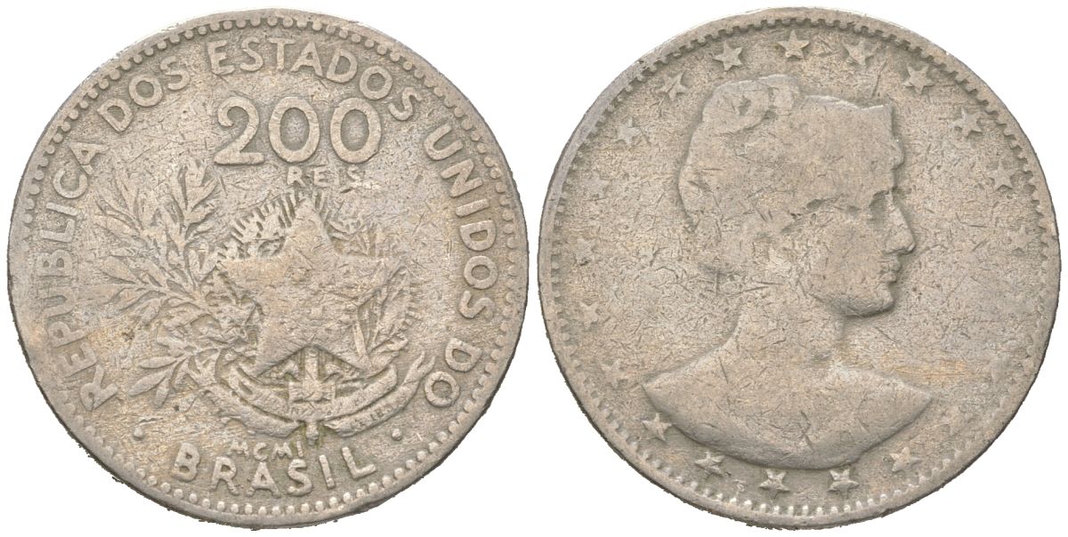 Бразилия 200 реалов 1901 MCMI, голова свободы вправо KM 504 медно-никель 4612-115