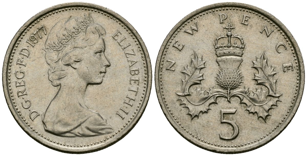 Великобритания 5 пенсов 1977 Елизавета II (1952-2022) KM 911, Spink 4233 (D1) медно-никель 4538-221