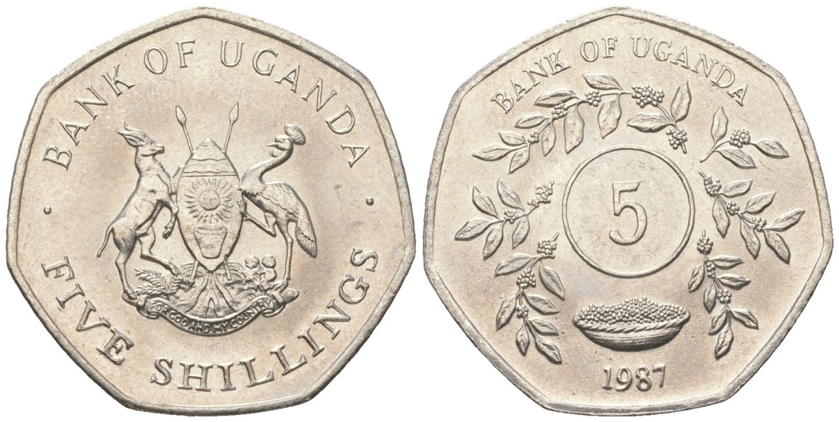Уганда 5 шиллингов 1987 KM 29 сталь плакированная никелем aUNC 4611-557