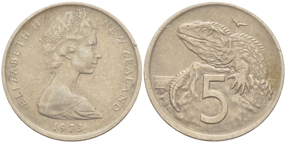 Новая Зеландия 5 центов 1973 Елизавета II (1952-2022), ящерица гаттерия KM 34.1 медно-никель 214-851