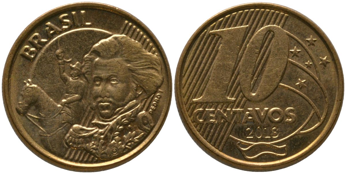 Бразилия 10 сентаво 2013 KM 649, Schon 157 сталь плакированная бронзой 4523-926