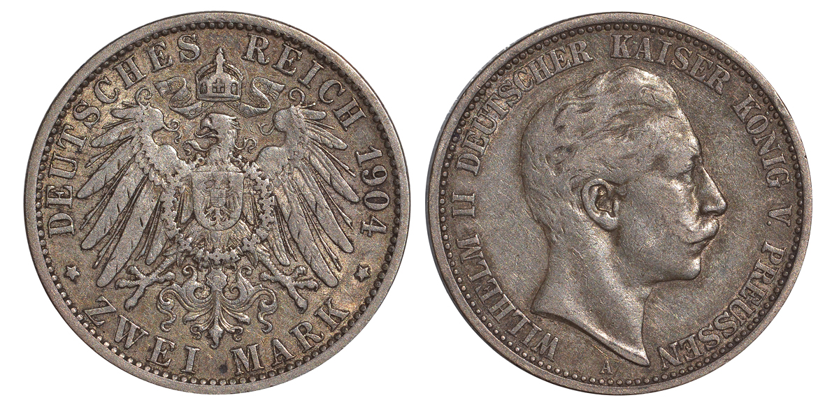 Пруссия 2 марки 1904 A, Вильгельм II (1888-1918) J.102, Weege 101, KM 522 серебро    413-513
