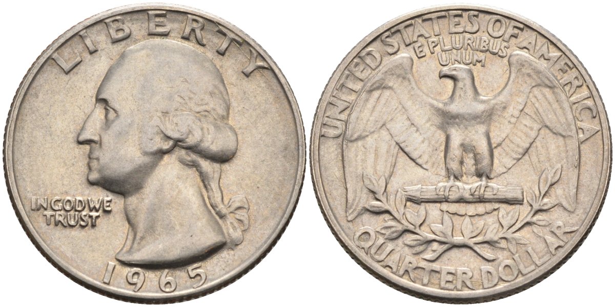США 25 центов (квотер) 1965 Вашингтон KM 164a медь плакированная медно-никелем 4584-947