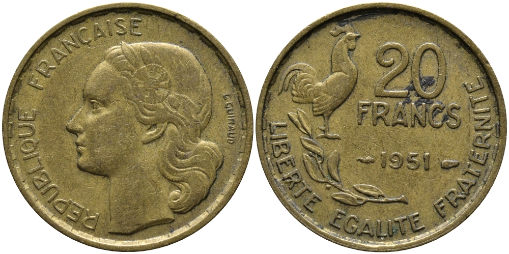 ФРАНЦИЯ 20 ФРАНКОВ 1951 ПЕТУХ, 4 ПЕРА KM 917.1, LE FRANC 402.7 алюминивая бронза 98-321