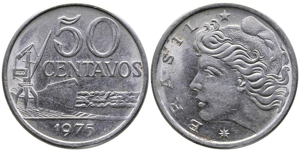 Бразилия 50 сентаво 1975 голова свободы влево KM 580a, Schon 85a нержавеющая сталь 3336-915