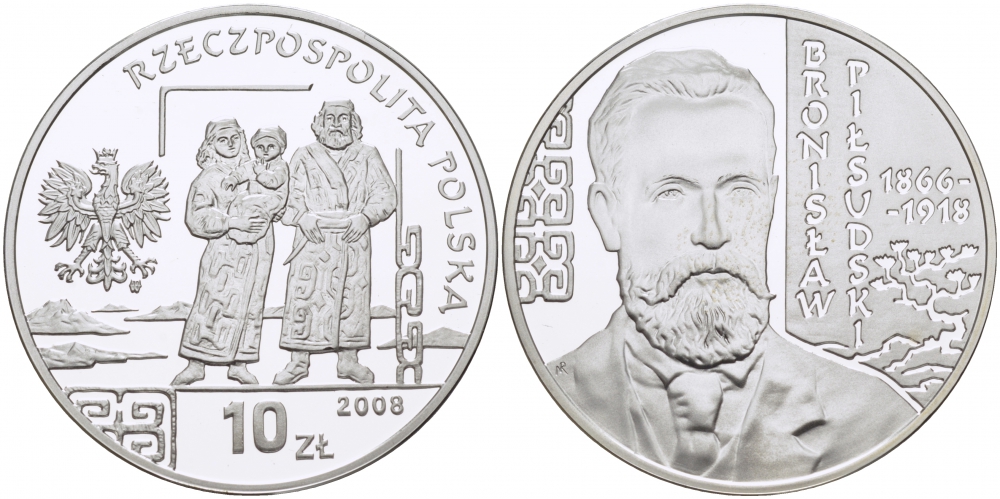 Польша 10 злотых 2008 серия польские путешественники, Бронислав Пилсудский (1866-1918) KM 649 серебро PROOF 1096-3-51