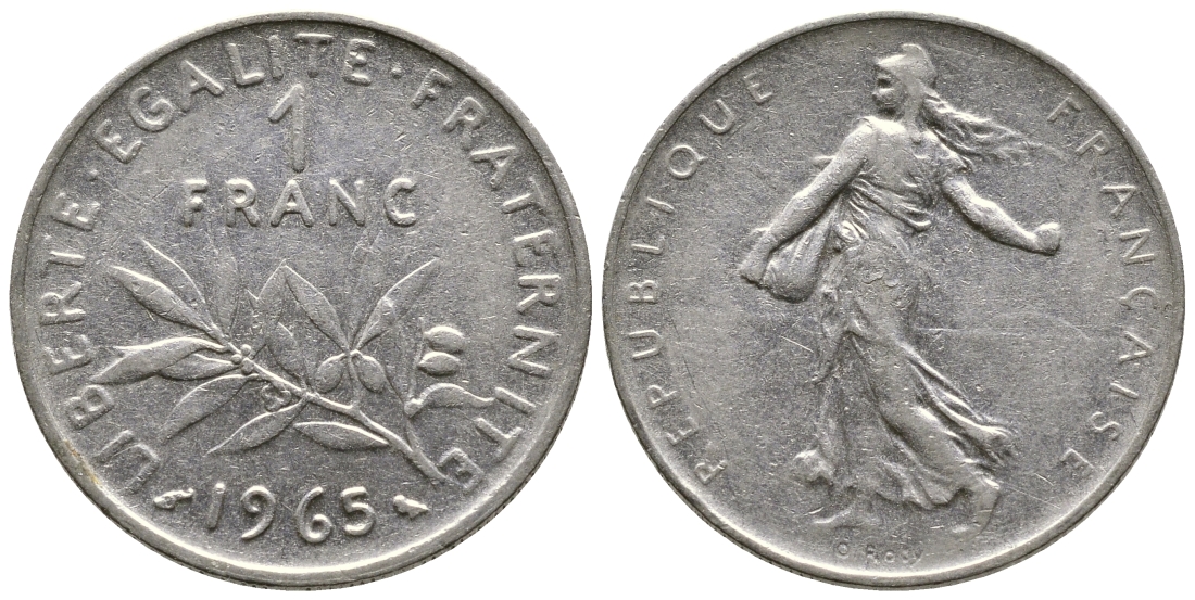 Франция 1 франк 1965 сеятель KM 925.1, Le Franc 226.9 никель 4364-3345