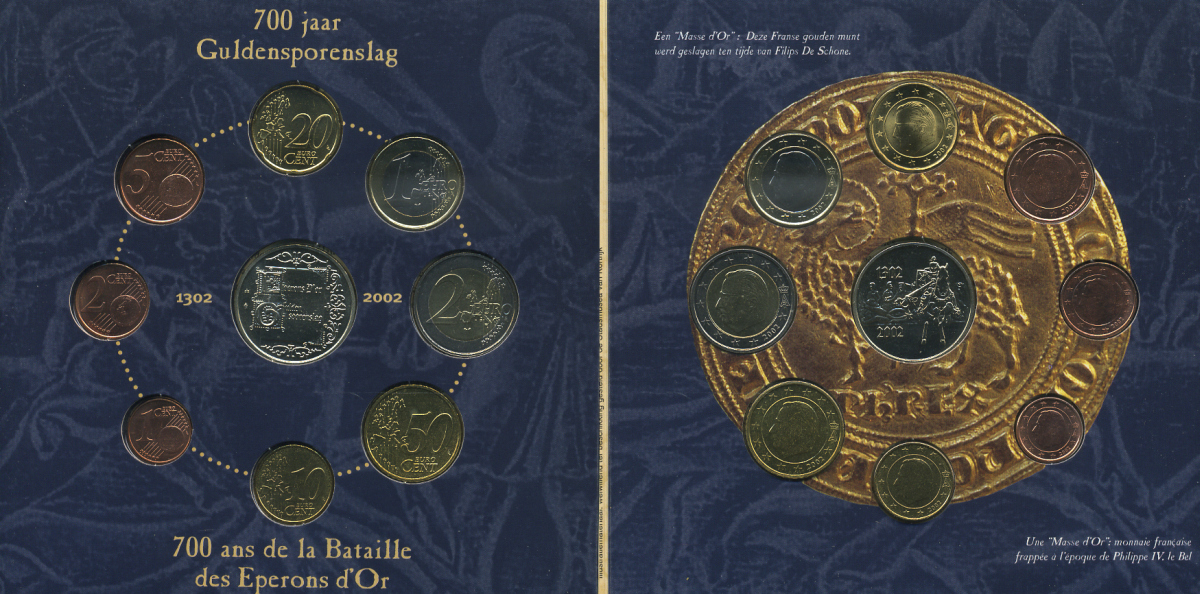 Бельгия евронабор из 8 монет + жетон 2002 700 лет битве при Куртре, в оригинальном буклете UNC 2-5-1-25