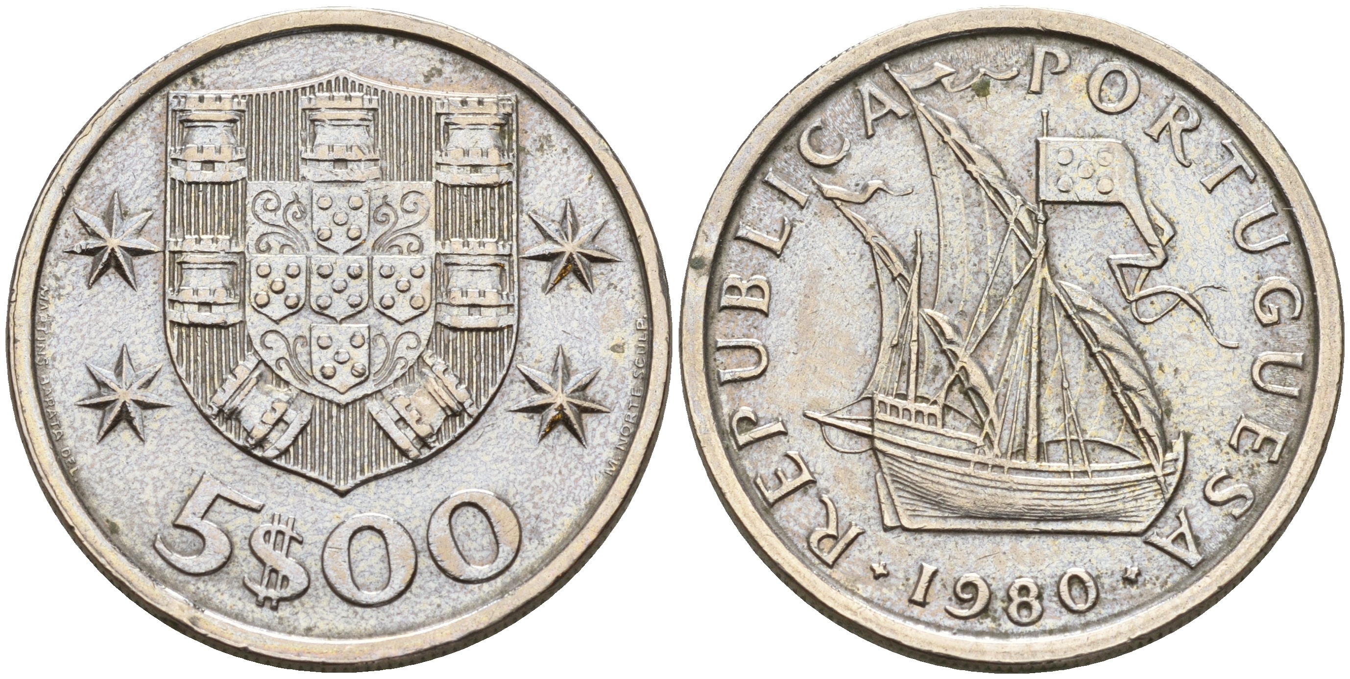 Португалия 5 эскудо 1980 парусник KM 591 медно-никель  UNC  4161-812