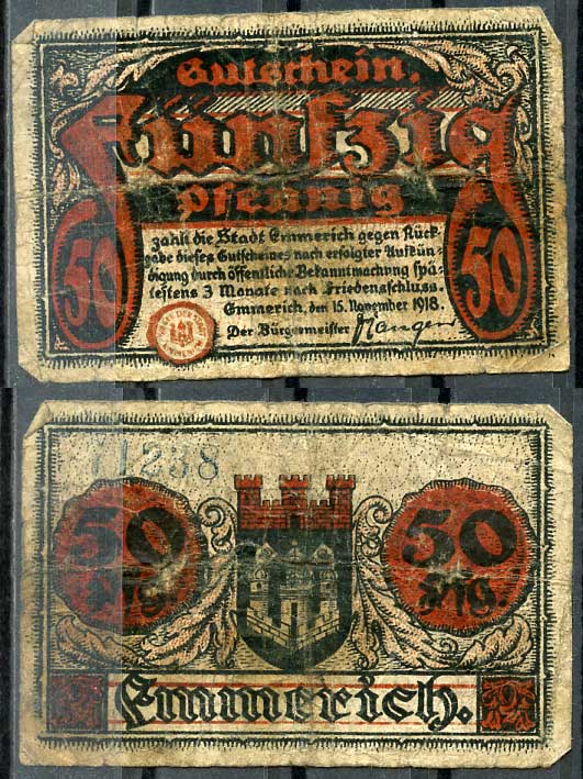 Германия, Эммерих 50 пфеннигов 1918 нотгельд, 15.11.1918 Tieste 1710/10 бумага 8614-40-3-1