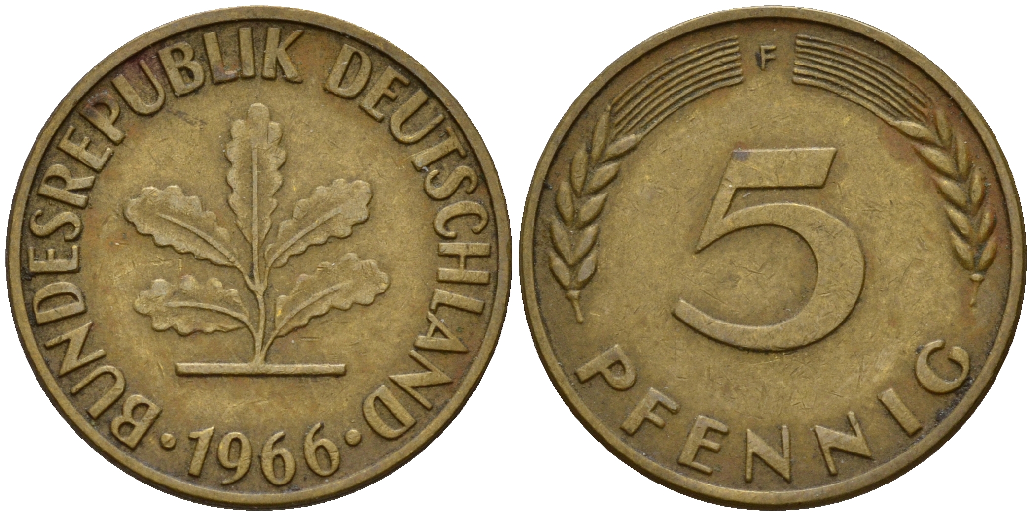 ФРГ 5 пфеннигов 1966 F J.382, KM 107 сталь плакированная латунью    4598-816