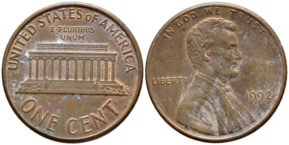 США 1 ЦЕНТ 1992 ЛИНКОЛЬН KM 201b цинк плакированный медью 4396-454