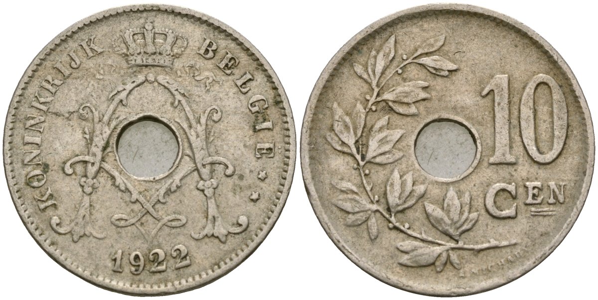Бельгия 10 сантимов 1922 BELGI?, Альберт I (1910 - 1934) KM 86 медно-никель 4132-226