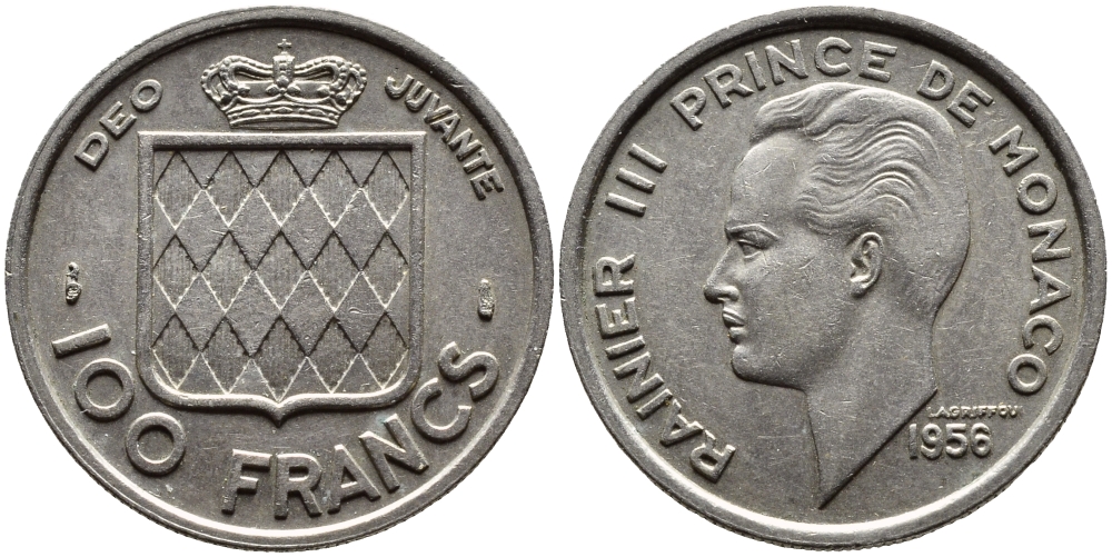 Монако 100 франков 1956 Ренье III (1949-2005) KM 134 медно-никель 4364-1555
