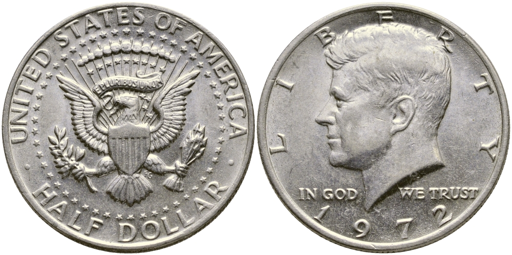 США 1/2 доллара (50 центов) 1972 Джон Кеннеди KM 202b медь плакированная медно-никелем 413-4425
