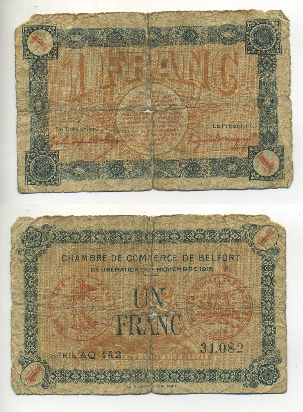 ФРАНЦИЯ 1 ФРАНК 1915 КОМЕРЧЕСКАЯ ПАЛАТА БЕЛФОРТА, НОТГЕЛЬД, ДЕЙСТВИТЕЛЕН ДО 1 НОЯБРЯ 1918 бумага 7552-31-1-1
