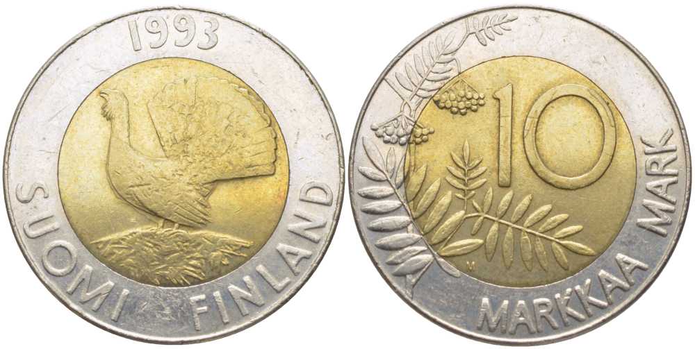 ФИНЛЯНДИЯ 10 МАРОК 1993 M, ГЛУХАРЬ KM 77 биметалл 115-531
