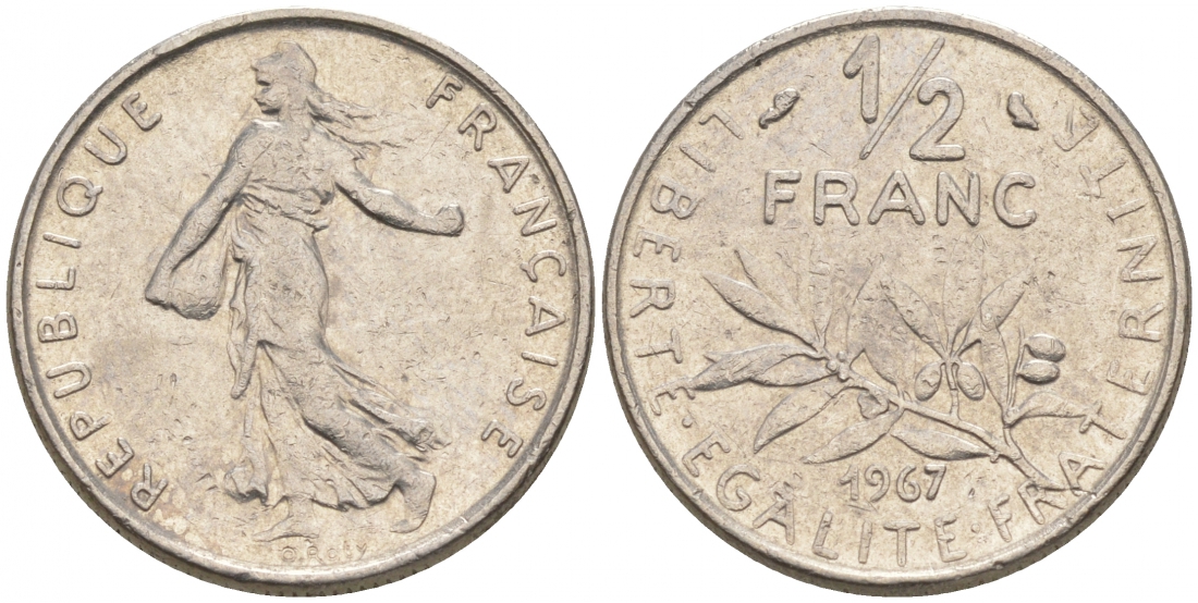 ФРАНЦИЯ 1/2 ФРАНКА 1967 KM 931.1 никель 44-113