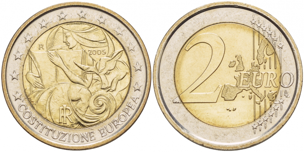 Италия 2 евро 2005 1-я годовщина подписания Европейской конституции KM 245 биметалл UNC 1094-6-34