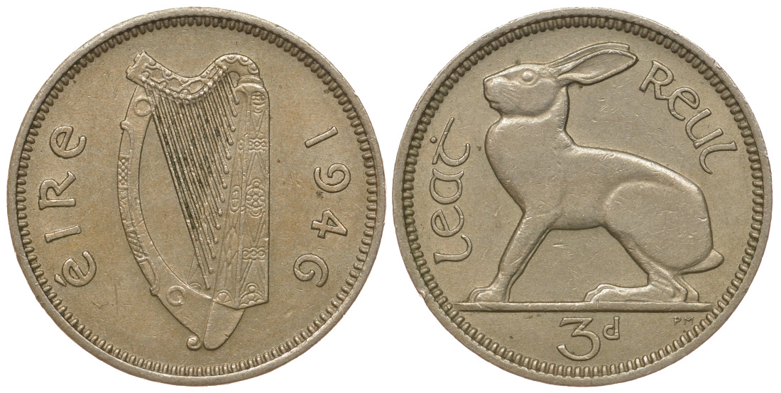 Ирландия 3 пенса 1946 заяц KM 12a медно-никель 3334-1143