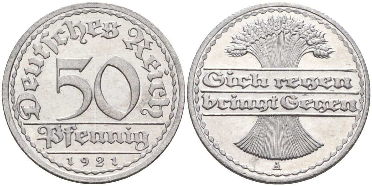 Германия 50 пфеннигов 1921 A KM 27, J.301, Weege 10 алюминий UNC 4584-834