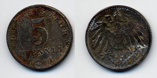 ГЕРМАНИЯ 5 ПФЕННИГОВ 1921 KM 19, J. 297 железо 35-1142