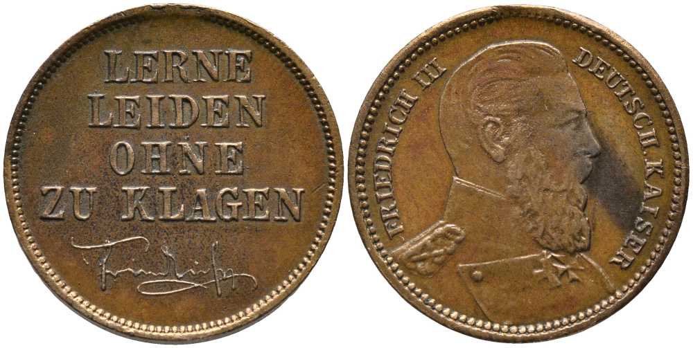 ГЕРМАНИЯ ЖЕТОН 1888 НА СМЕРТЬ ФРИДРИХА III (УЧИСЬ ПЕРЕНОСИТЬ СТРАДАНЬЯ НЕ ЖАЛУЯСЬ) бронза 117-534