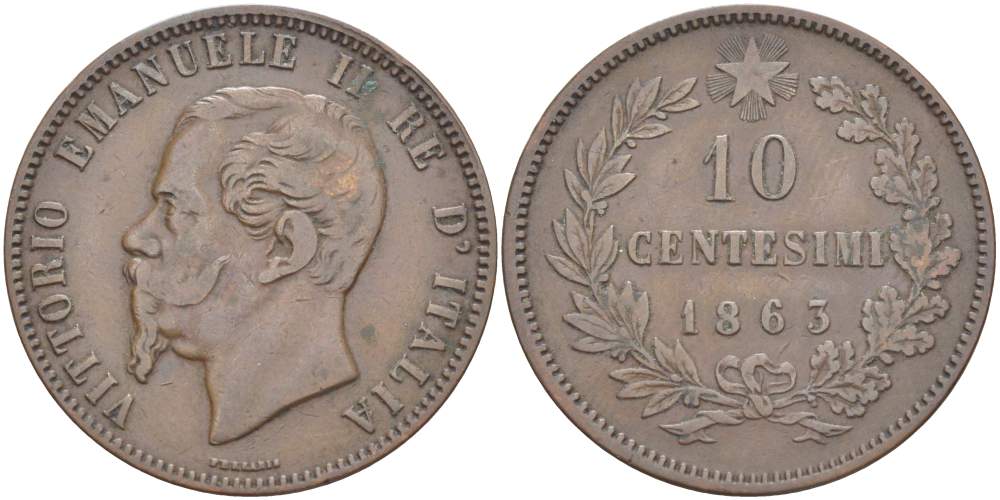 ИТАЛИЯ 10 ЧЕНТЕЗИМО 1863 МОНДВОР ПАРИЖ, ВИКТОР ЭММАНУИЛ II (1861-1878) KM 11.2 медь 4526-723