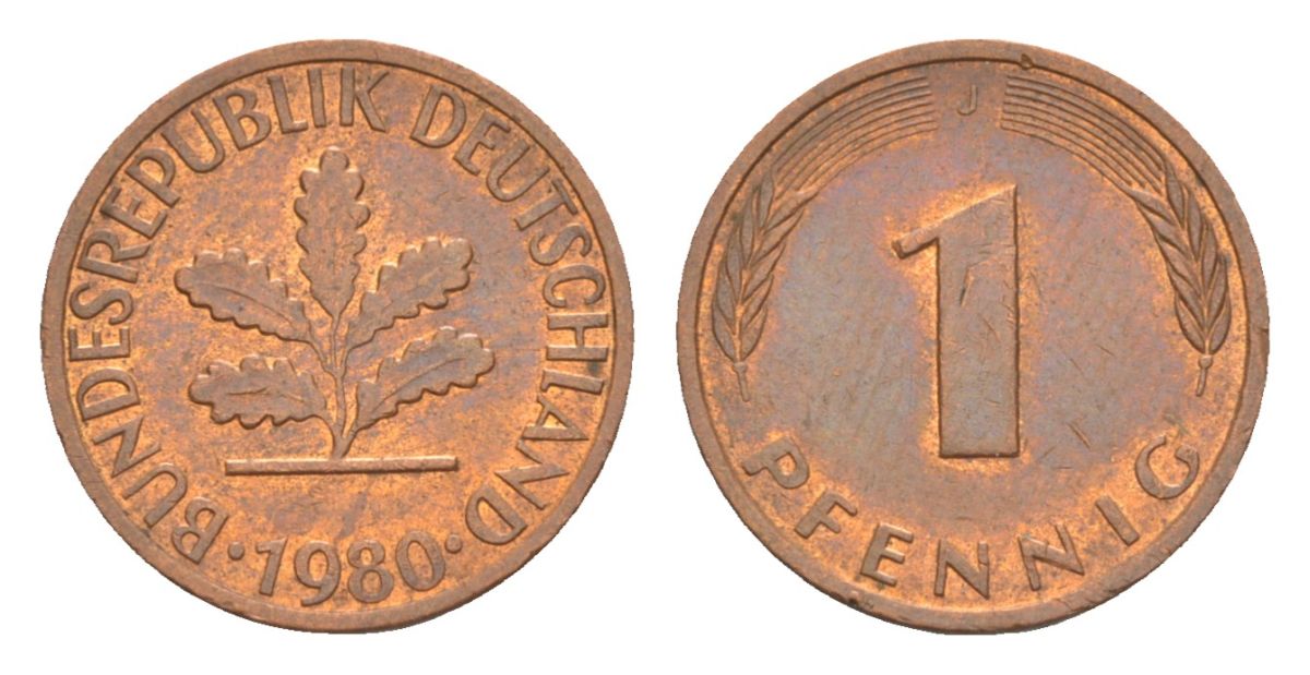 ФРГ 1 пфенниг 1980 J KM 105, J.380 сталь плакированная медью aUNC 4630-911