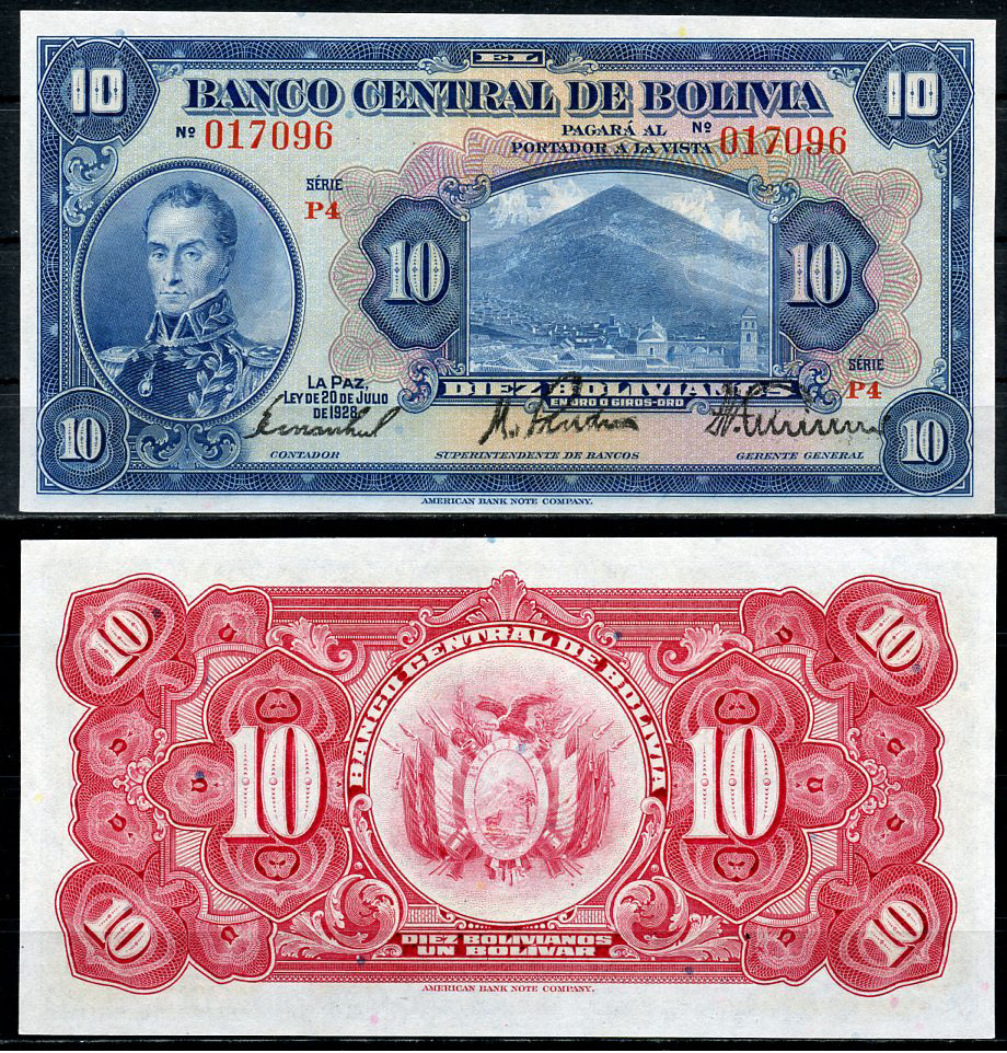 Боливия 10 боливиано 1928 серия P4, Симон Боливар Pick 121 a (8)  бумага  UNC (пресс) 451-778-3