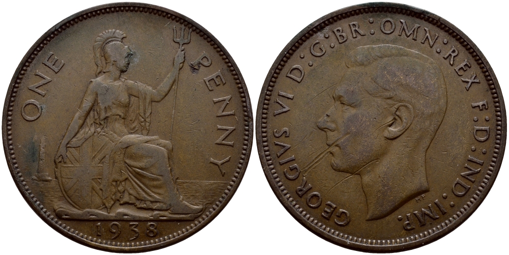 Великобритания 1 пенни 1938 Георг VI (1936-1952) KM 845, Spink 4114 бронза 540-446