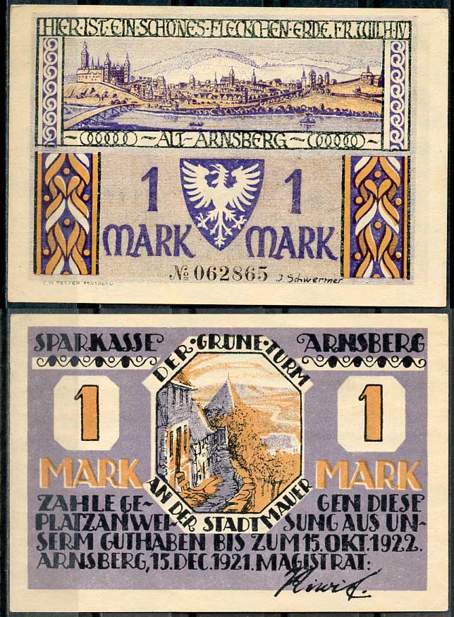 Германия, Арнсберг 1 марка 1921 нотгельд, 15 декабря 1921 - 15 октября 1922 Grabowski 42.2  бумага  UNC (пресс) 444-84-2-2