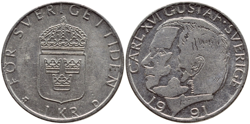 Швеция 1 крона 1991 Карл XVI Густав (1973- ) KM 852a медно-никель 4388-841