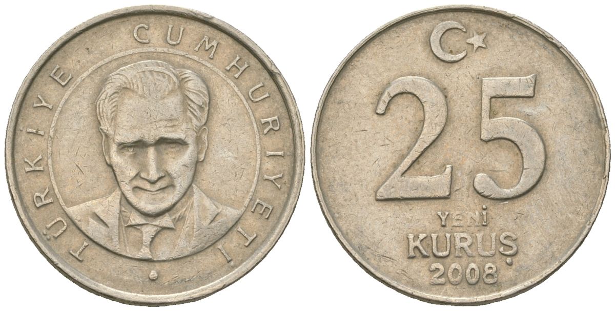 Турция 25 новых курушей 2008 редкий год KM 1167 медь цинк никель 4610-617